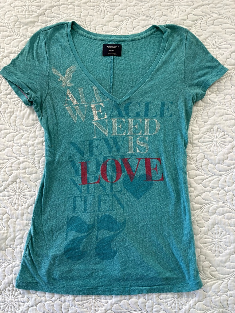 Vintage American Eagle Outfitters Teal Graphic Tee all we need is love 77 logo M